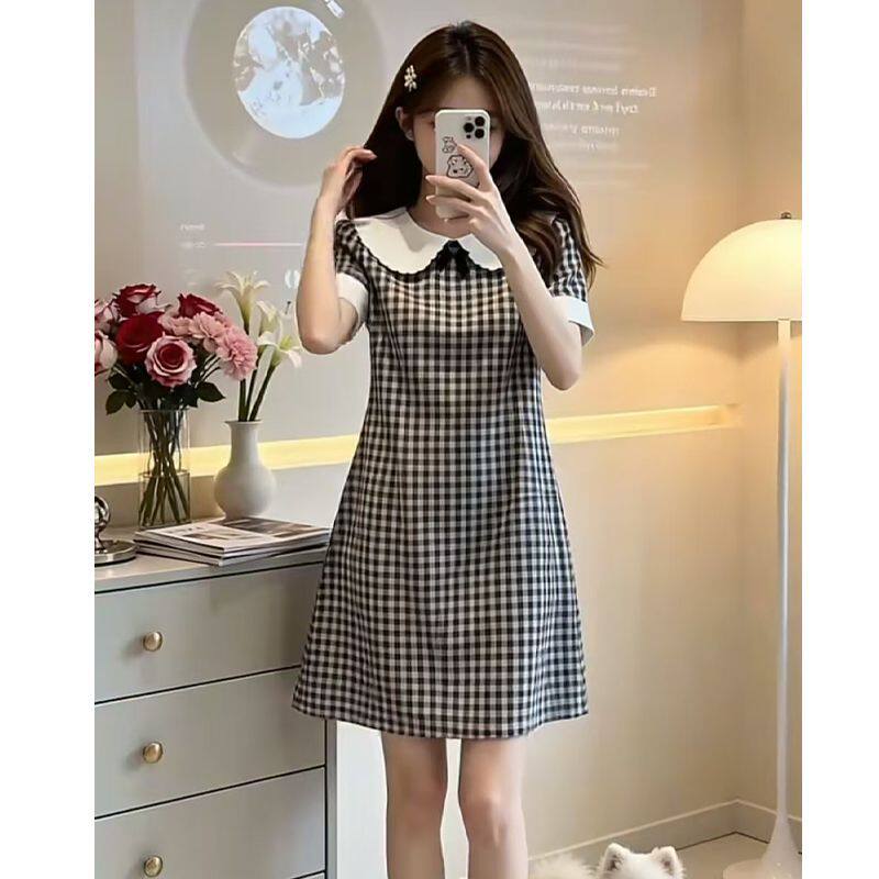 女款加肥加大版衬衫格子连衣裙老师幼师夏天正装套裙装工衣工作服