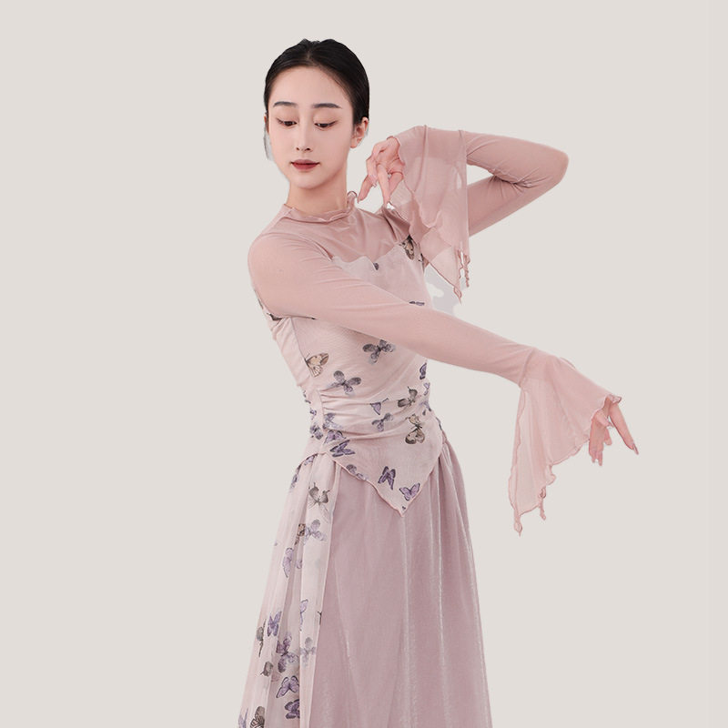 秋加肥加大版老师花色舞蹈服女形体练功中国古典跳舞网纱蝴蝶长袖