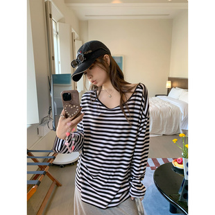 THEIRS 天丝羊毛露背落肩长袖T恤女慵懒风宽松女装圆领条纹上衣