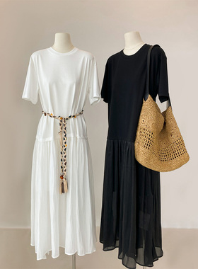 THEIRS 重工拼接度假风丝芙棉海岛丝拼接T恤柔软垂顺长款连衣裙子
