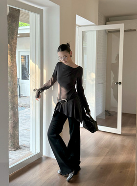 THEIRS设计感不规则下摆长袖T恤女秋季新款修身显瘦打底衫上衣