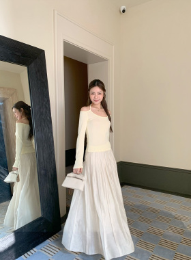 THEIRS 手工捏褶麻感半身裙女重工设计感显瘦百搭垂感中长款A字裙