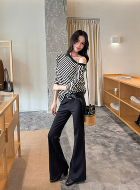 THEIRS 大领口条纹斜肩针织衫秋季新款简约宽松显瘦小众长袖T恤