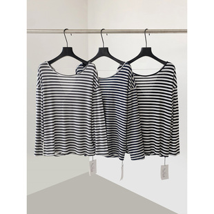 THEIRS 天丝羊毛露背落肩长袖T恤女慵懒风宽松女装圆领条纹上衣