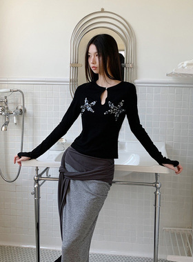 THEIRS百搭高级辣妹性感珠片海星T恤女春季修身显瘦长袖内搭上衣
