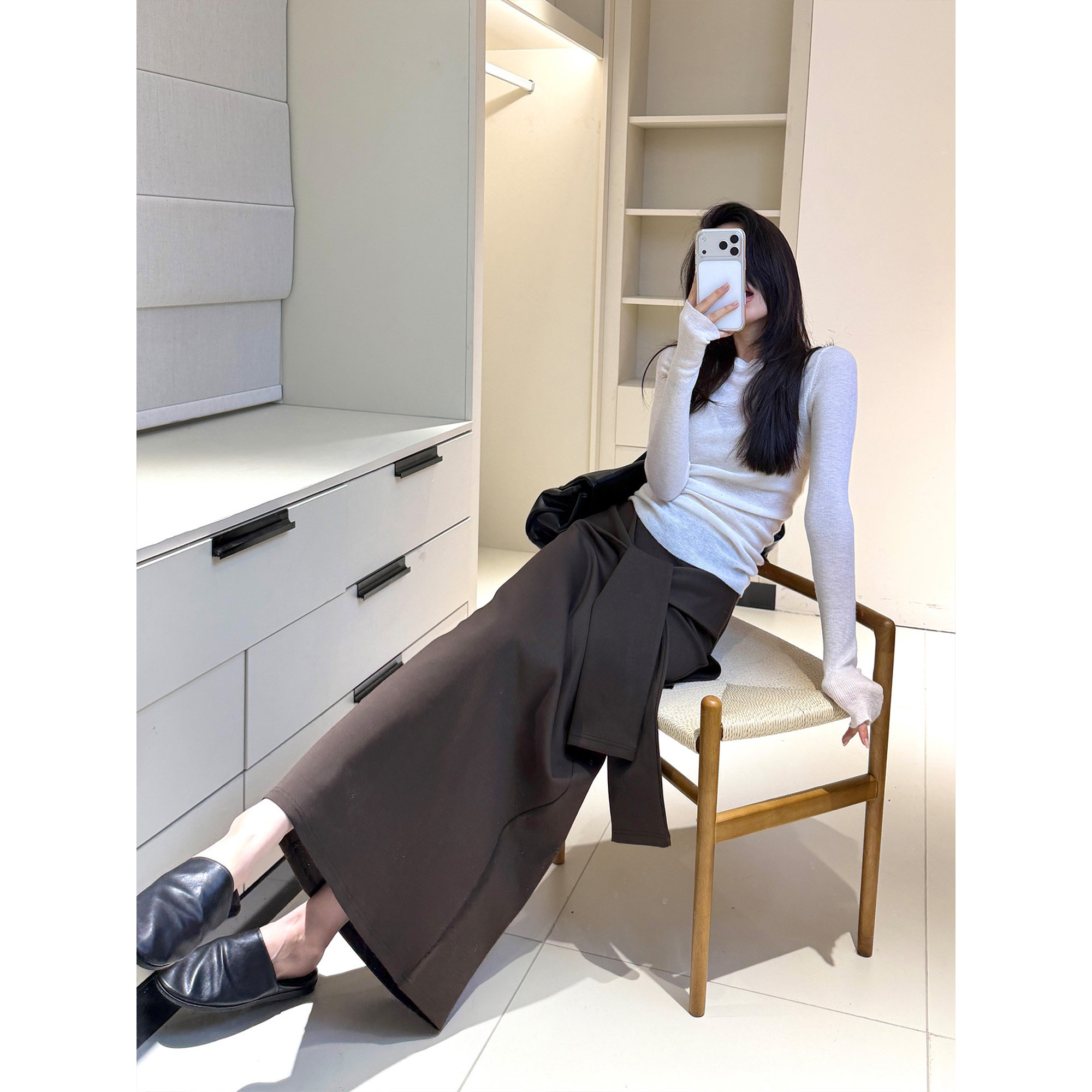 THEIRS 纯色不规则毛呢半身裙女秋冬气质绑带高腰假两件A字直筒裙