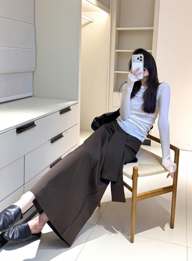 THEIRS 纯色不规则毛呢半身裙女秋冬气质绑带高腰假两件A字直筒裙