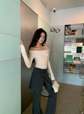 THEIRS 假两件扭结绑带微喇叭裤女早秋修身显瘦裤休闲裤拖地裤子