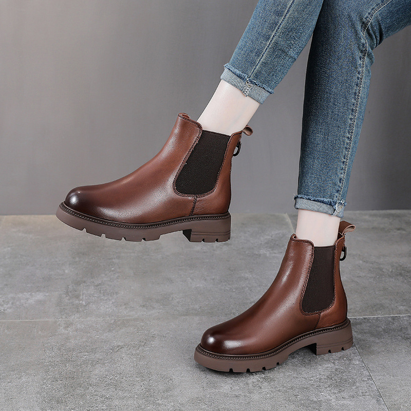 头层牛皮切尔西靴女短靴真皮靴子厚底棕色烟筒靴英伦风马丁靴软皮
