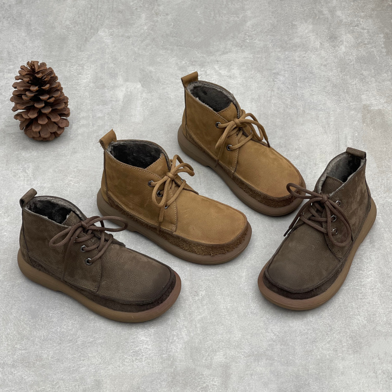 文艺手工25年冬季保暖真皮女棉靴平底系带圆头绒里休闲软牛皮棉鞋