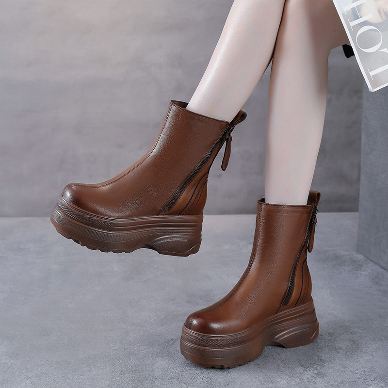 头层牛皮厚底马丁靴女高跟鞋2022秋冬新款真皮粗跟小个子短靴