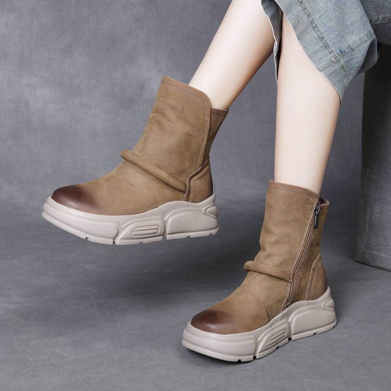 2025秋冬款头层牛巴戈厚底中靴女靴真皮复古擦色骑士靴拉链马靴