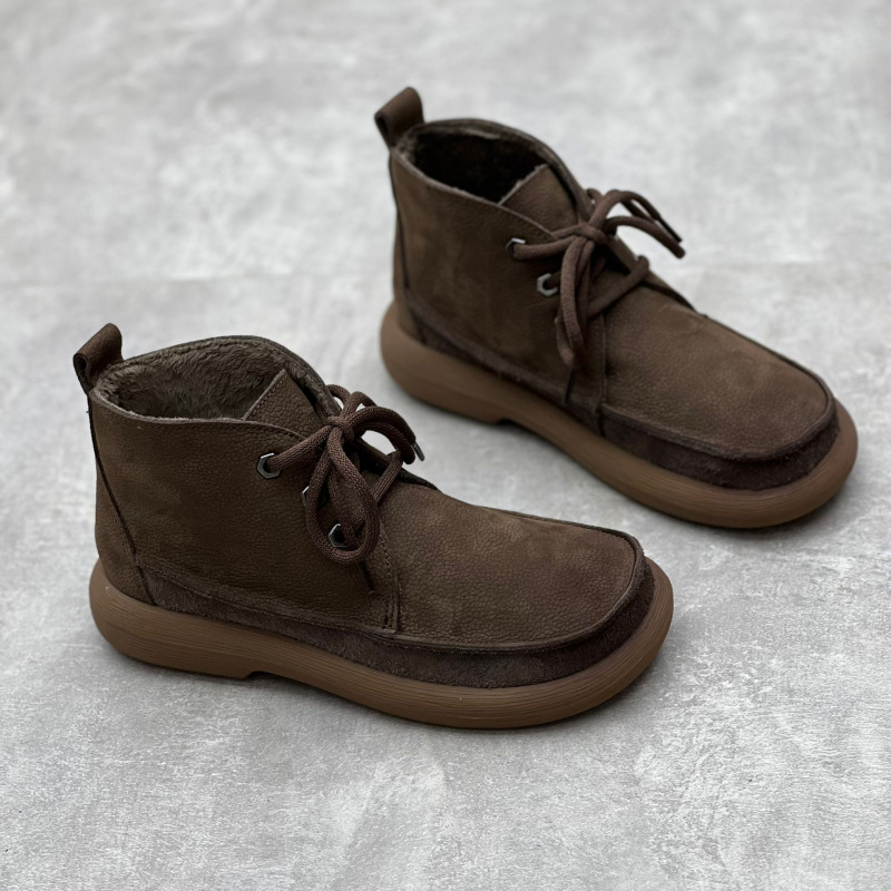 冬季保暖真皮女棉靴文艺手工圆头平底系带加厚绒里休闲软牛皮棉鞋