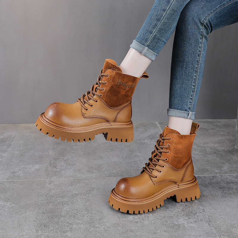 英伦风头层牛皮超火马丁靴女秋冬新款真皮厚底感炸街机车短靴