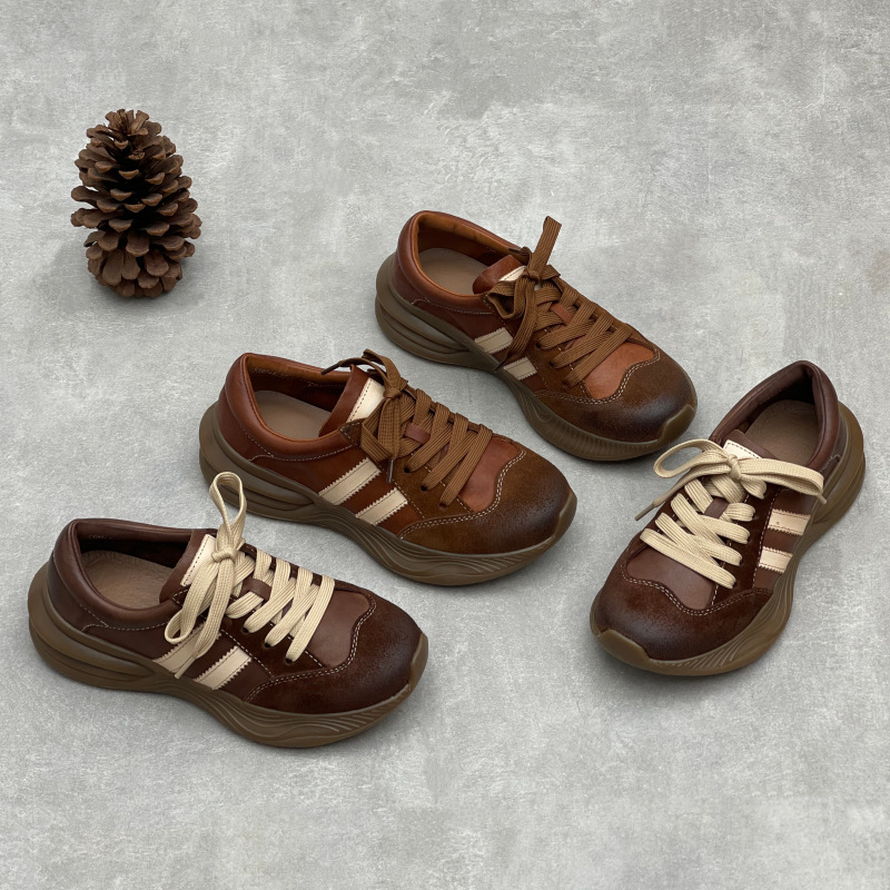 文艺手工真皮休闲鞋2025新款真皮复古老爹鞋系带头层牛皮运动女鞋