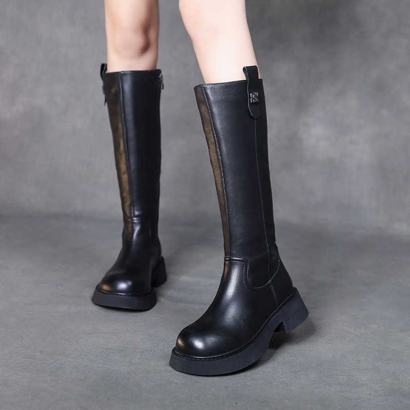 头层牛皮长筒靴女加绒秋冬新款百搭潮流厚底高筒真皮骑士靴霸气