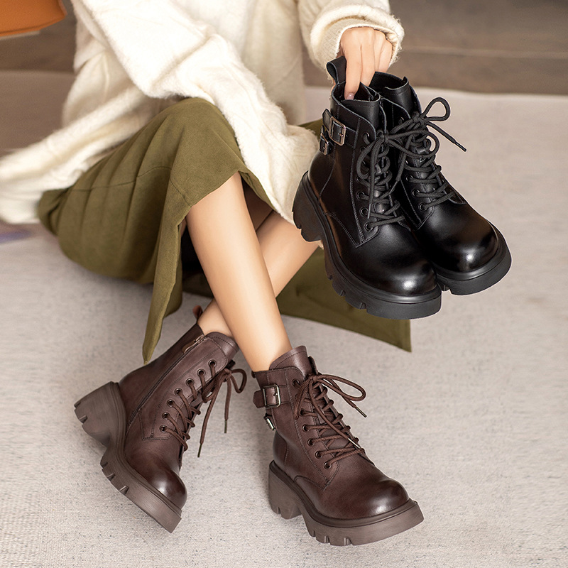 2025秋冬新款英伦风真皮小短靴棕色短筒靴子女厚底复古牛皮马丁靴