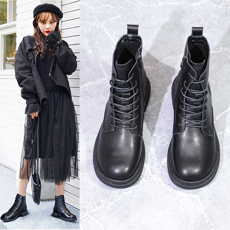 真皮大码马丁靴女41-43平底百搭2022秋季新款系带侧拉链牛皮短靴