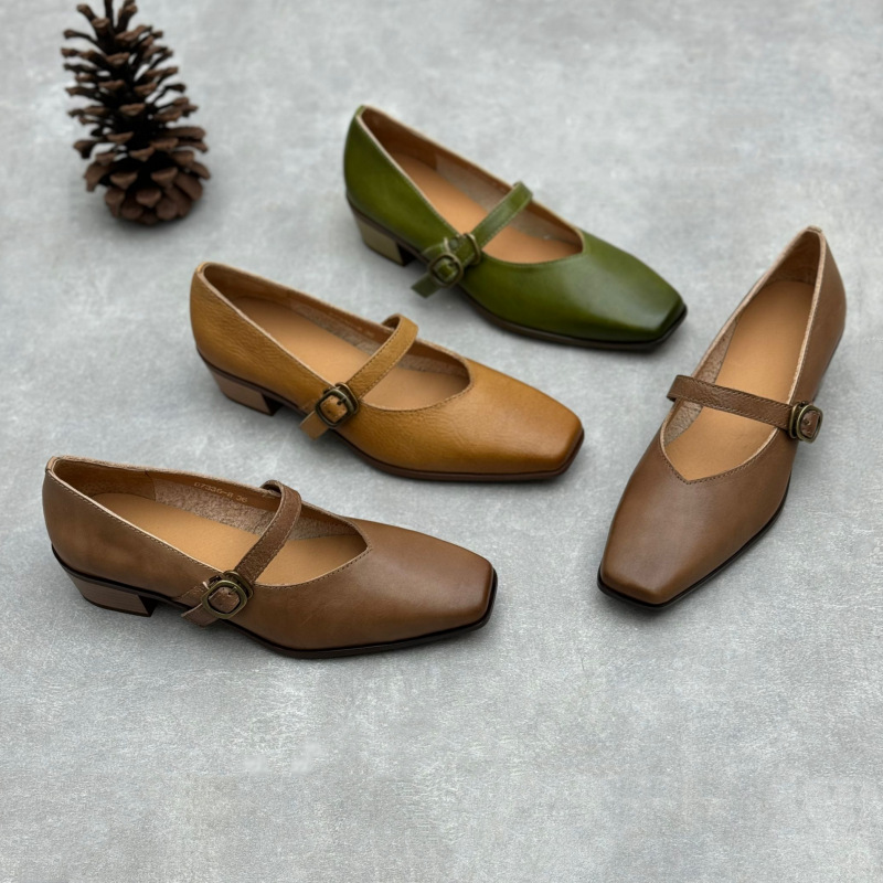 文艺法式真皮粗跟单鞋女25春夏新款复古齐头一字带玛丽珍牛皮跟鞋