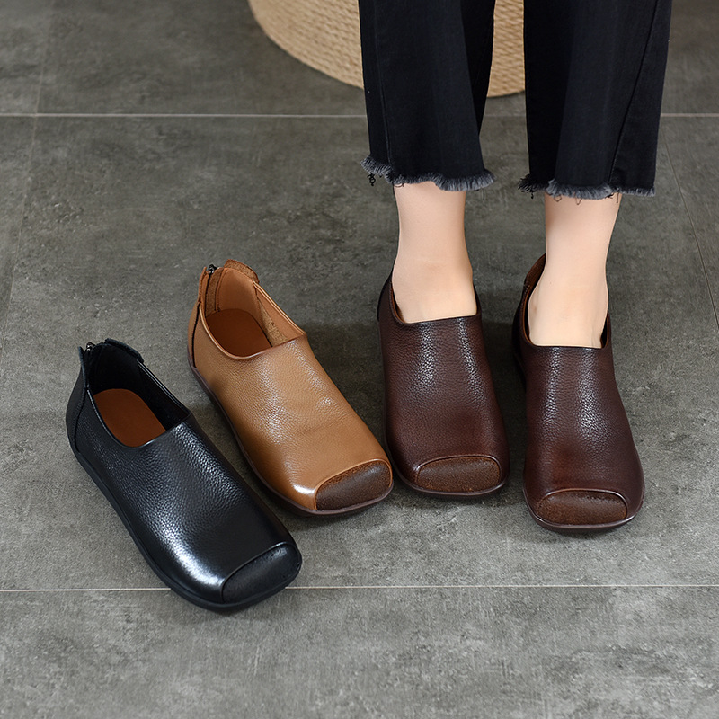 手工真皮单鞋复古深口平底休闲皮鞋2025年春季新款软底大码早秋单