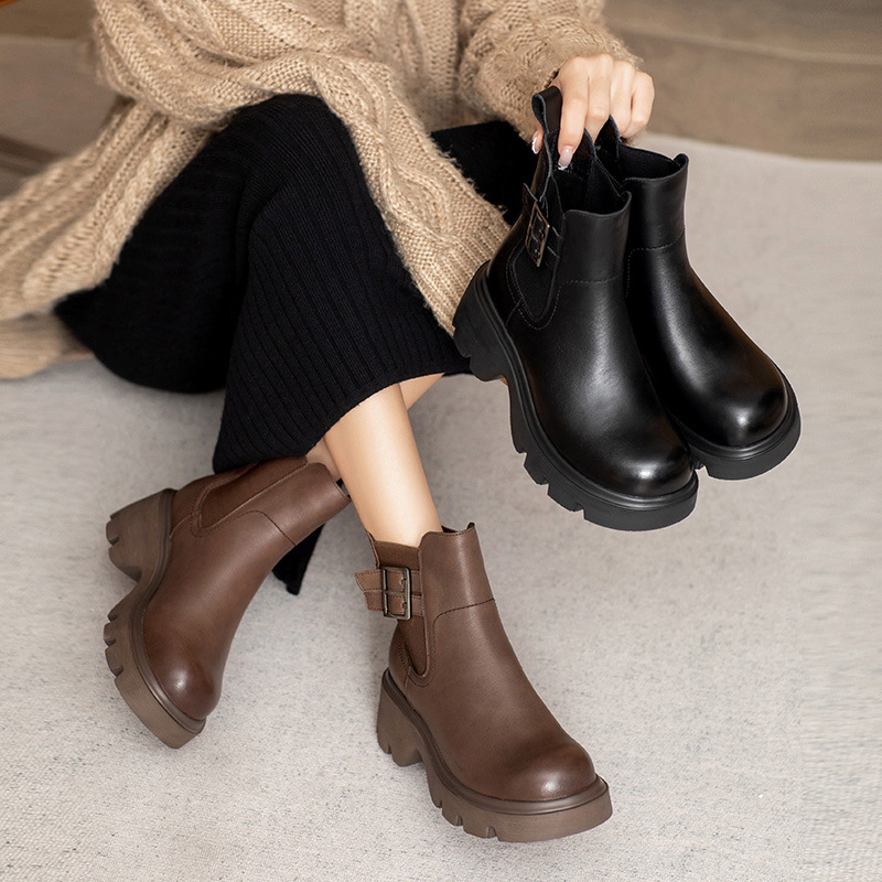 2025秋冬新款短靴欧货真皮烟筒靴女厚底骑士靴时尚百搭单靴