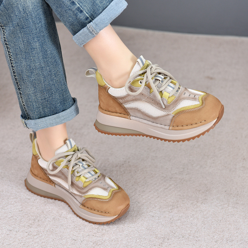 复古真皮单鞋女25春夏新款厚底网面透气拼色系带休闲运动女鞋阿甘