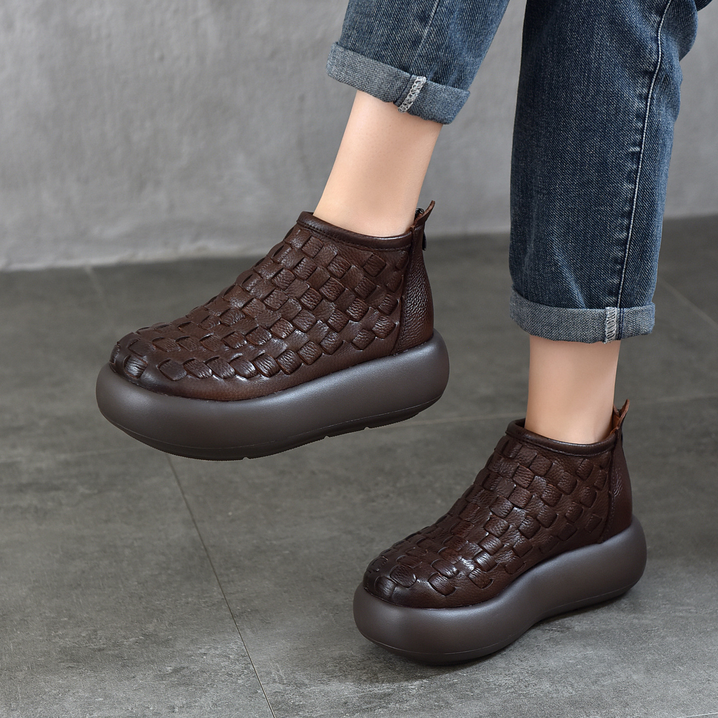 复古休闲手工编织松糕厚底真皮短靴女2025新款头层牛皮单靴棉靴子