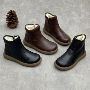 皮毛一体真皮棉靴25冬季手工文艺复古平底圆头软牛皮纯羊毛女短靴