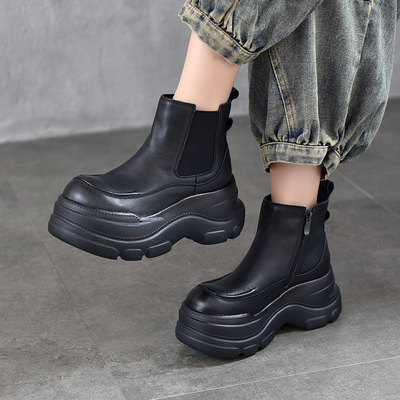 小个子厚底真皮短靴女2025秋新款头层牛皮松紧切尔西靴烟筒靴