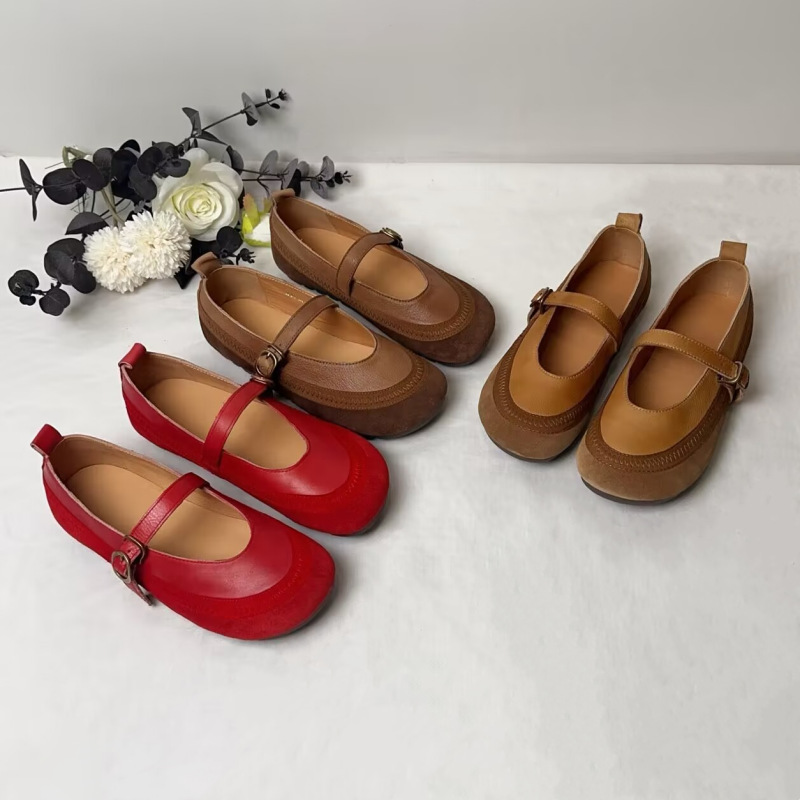 25年春夏新款文艺手工真皮玛丽珍鞋一字扣平底软底复古软牛皮单鞋