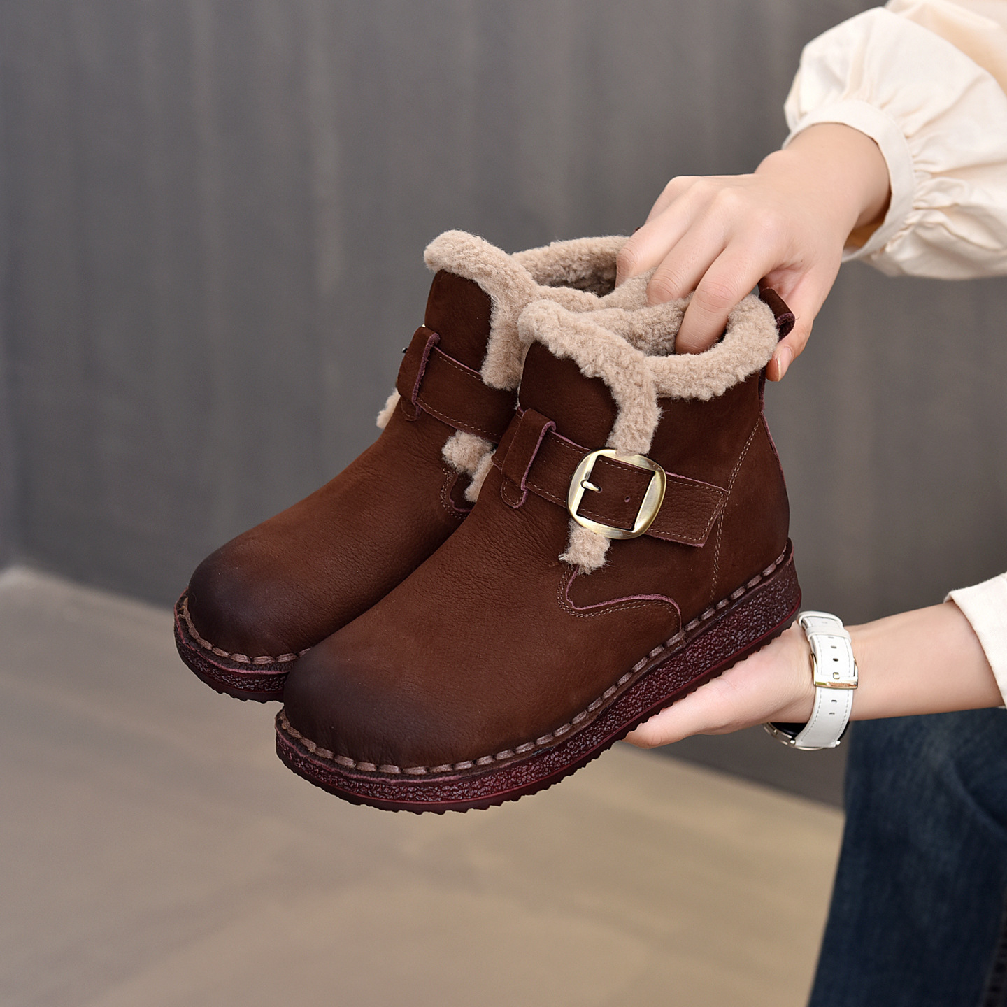头层牛皮冬季加绒厚底勃肯鞋女2025年新款毛毛鞋防滑舒适保暖棉女