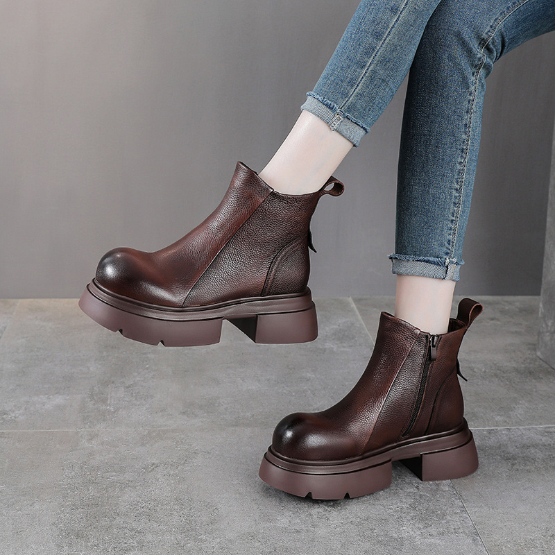 秋冬新款头层牛皮马丁靴女英伦风厚底休闲小短靴真皮低帮靴子