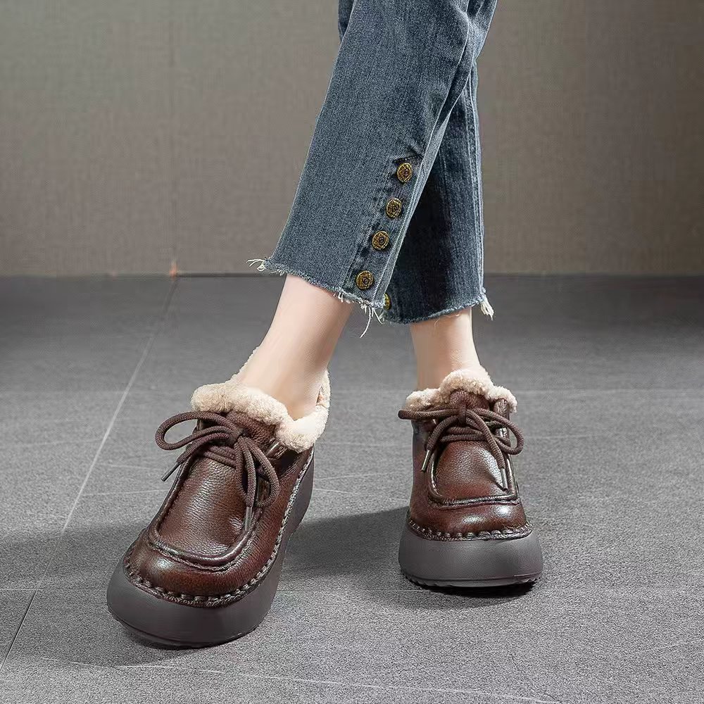 加绒棉鞋女小皮鞋松糕厚底25新款冬英伦风真皮乐福鞋防滑保暖