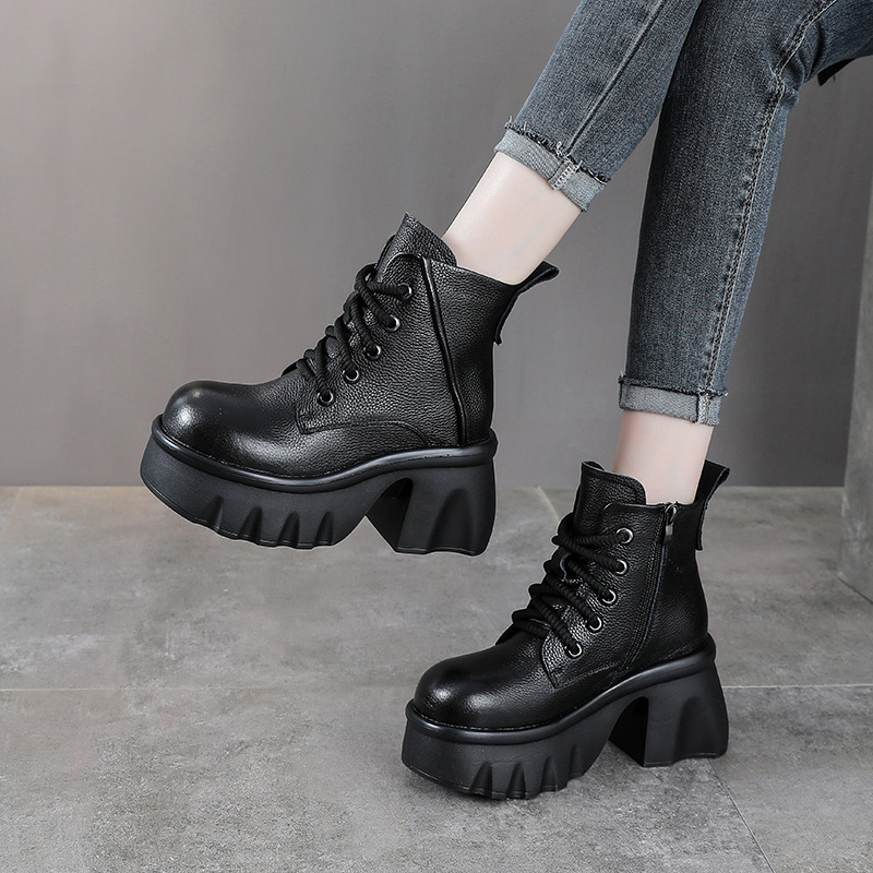 真皮马丁靴女厚底系带9cm高跟春秋短靴牛皮时装靴小个子女靴