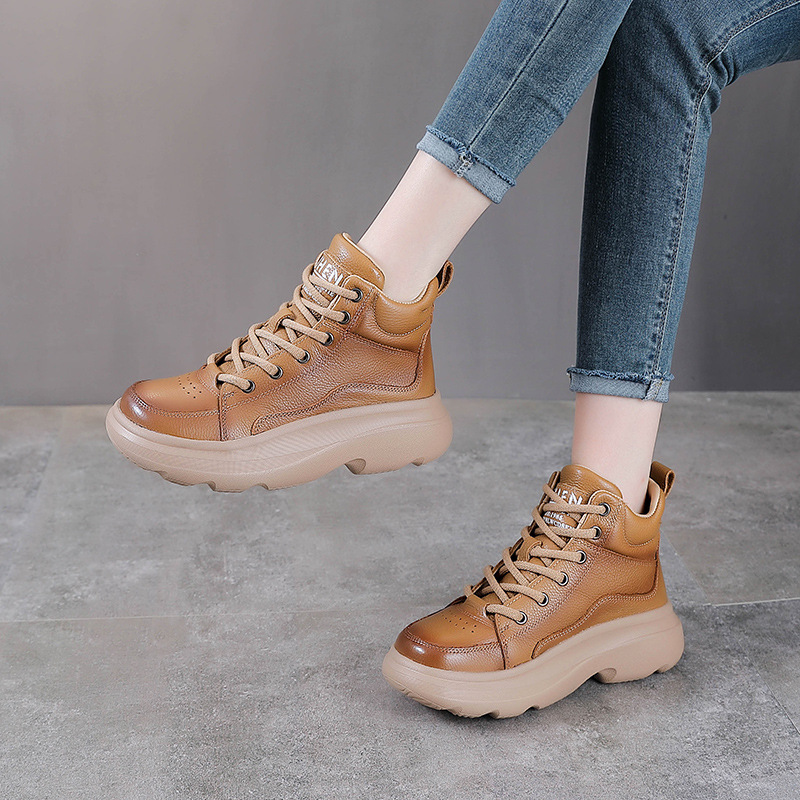 秋冬新款厚底真皮高帮短靴及裸靴女圆头复古加棉靴休闲牛皮马丁靴