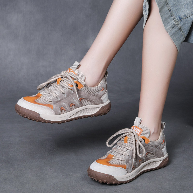 2025春夏新款头层牛皮拼色系带休闲女鞋网鞋真皮平底运动风单鞋