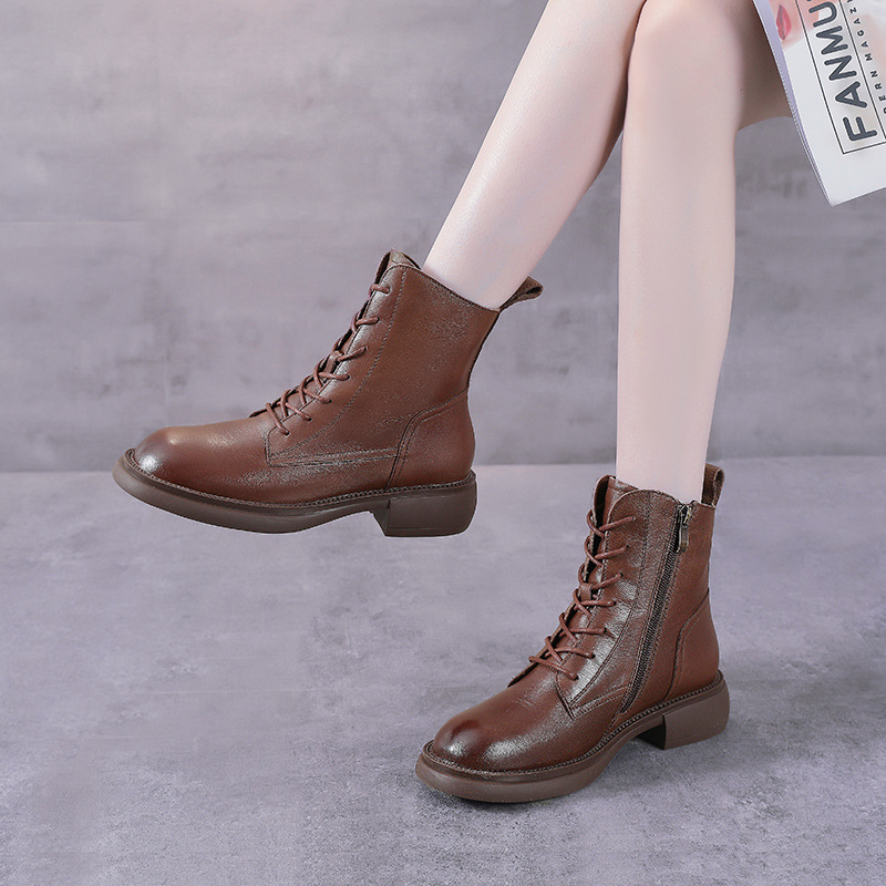 头层牛皮马丁靴女英伦风春秋真皮舒适女短靴侧拉链简约低跟机车靴