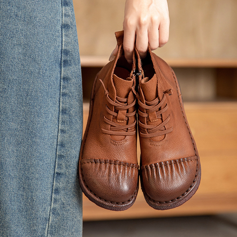 2025秋冬新款复古真皮短靴女舒适厚底短筒女靴子擦色马丁靴单