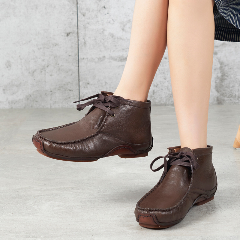铂帝思女短靴真皮圆头牛皮大底手工缝制鞋韩版百搭棉麻服饰复古
