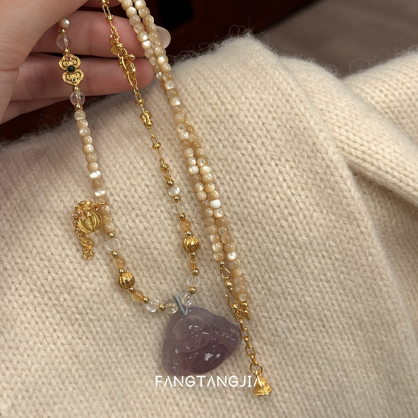 方糖家 原创新年紫玉髓佛公古法长款项链轻奢高级感小众女毛衣链