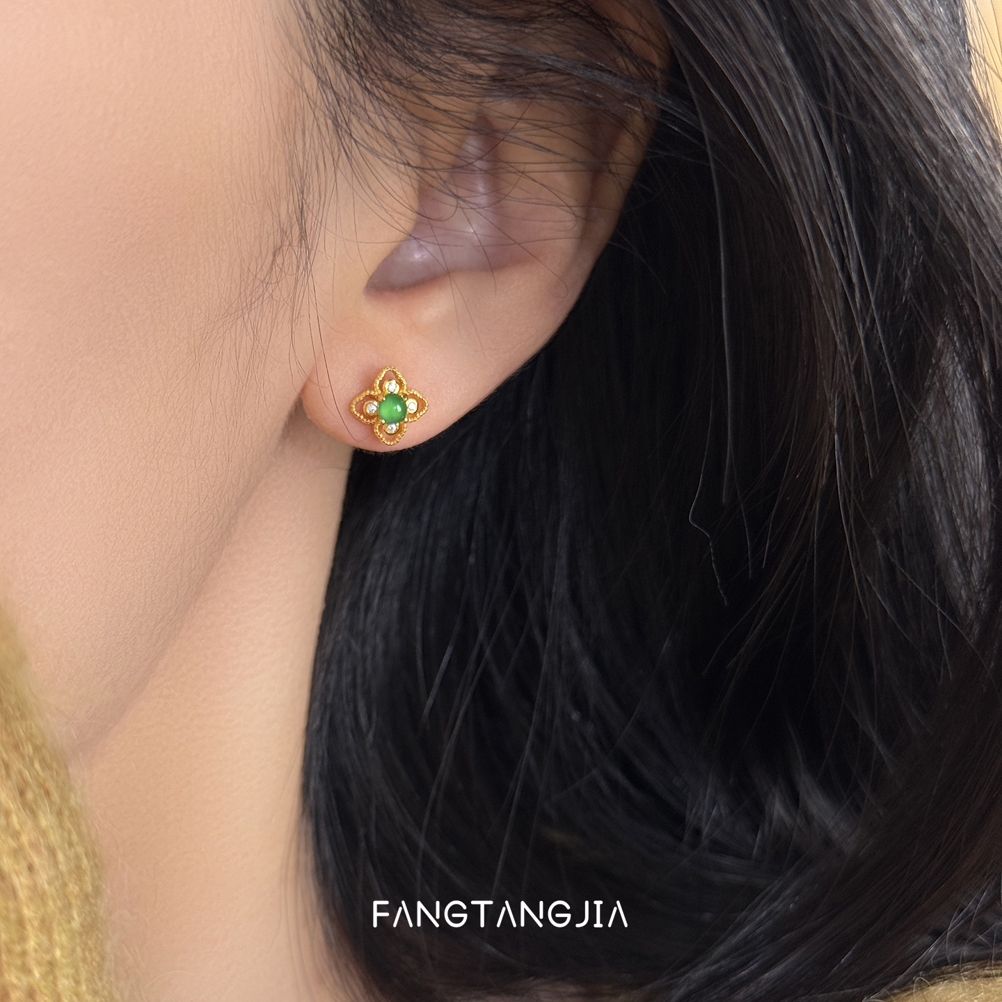 方糖家天然翡翠纯银花朵耳钉