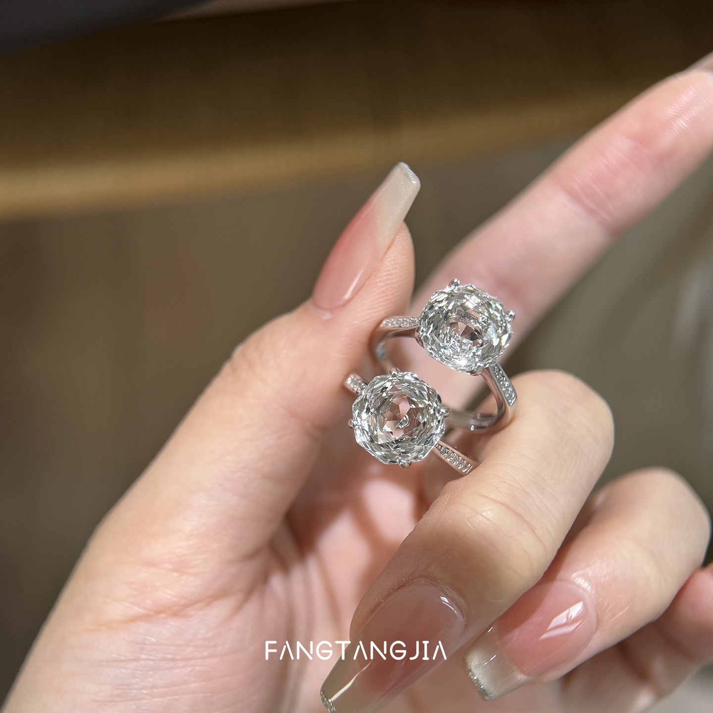 方糖家 天然白水晶玫瑰切纯银开口戒指轻奢小众设计清冷高级感女