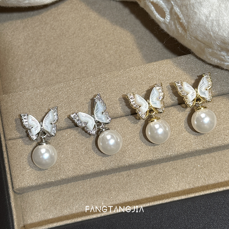 方糖家贝母蝴蝶珍珠吊坠耳饰