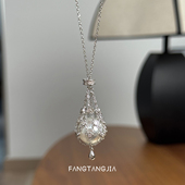 方糖家 澳白色珍珠纯银网兜镶钻吊坠项链轻奢气质毛衣链2025新款