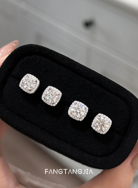 方糖家 纯银D色一克拉莫桑钻方糖耳钉轻奢高级小众耳环2025新款女