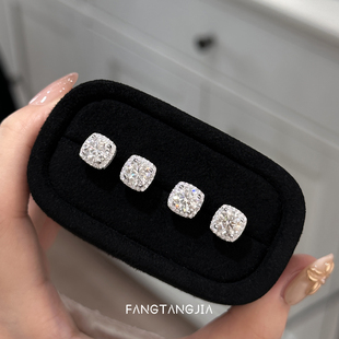 方糖家 纯银D色一克拉莫桑钻方糖耳钉轻奢高级小众耳环2026新款女