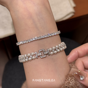 方糖家 轻奢小众高级感女 精致重工双排闪钻施家珍珠手链2025新款