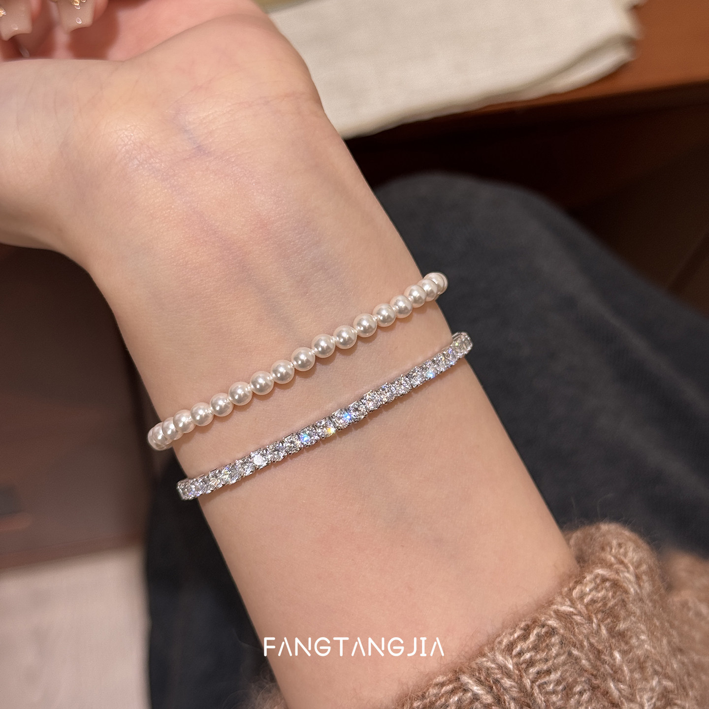 方糖家轻奢叠戴排钻纯银手链