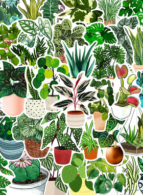 100张清新卡通绿色植物贴纸夏日绿意高颜值装饰手账手机壳防水