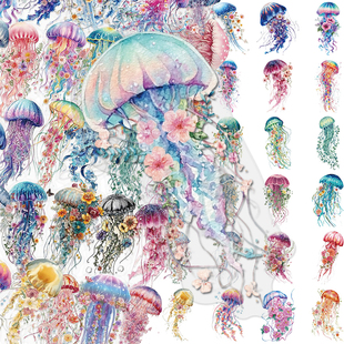 100张森屿花漾水母PET贴纸彩绘精美涂鸦海底生物素材贴diy贴画